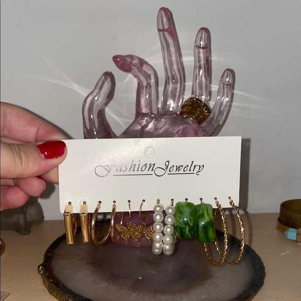 6 pairs🌱Gold, Pearl, and Green Statement Earrings
